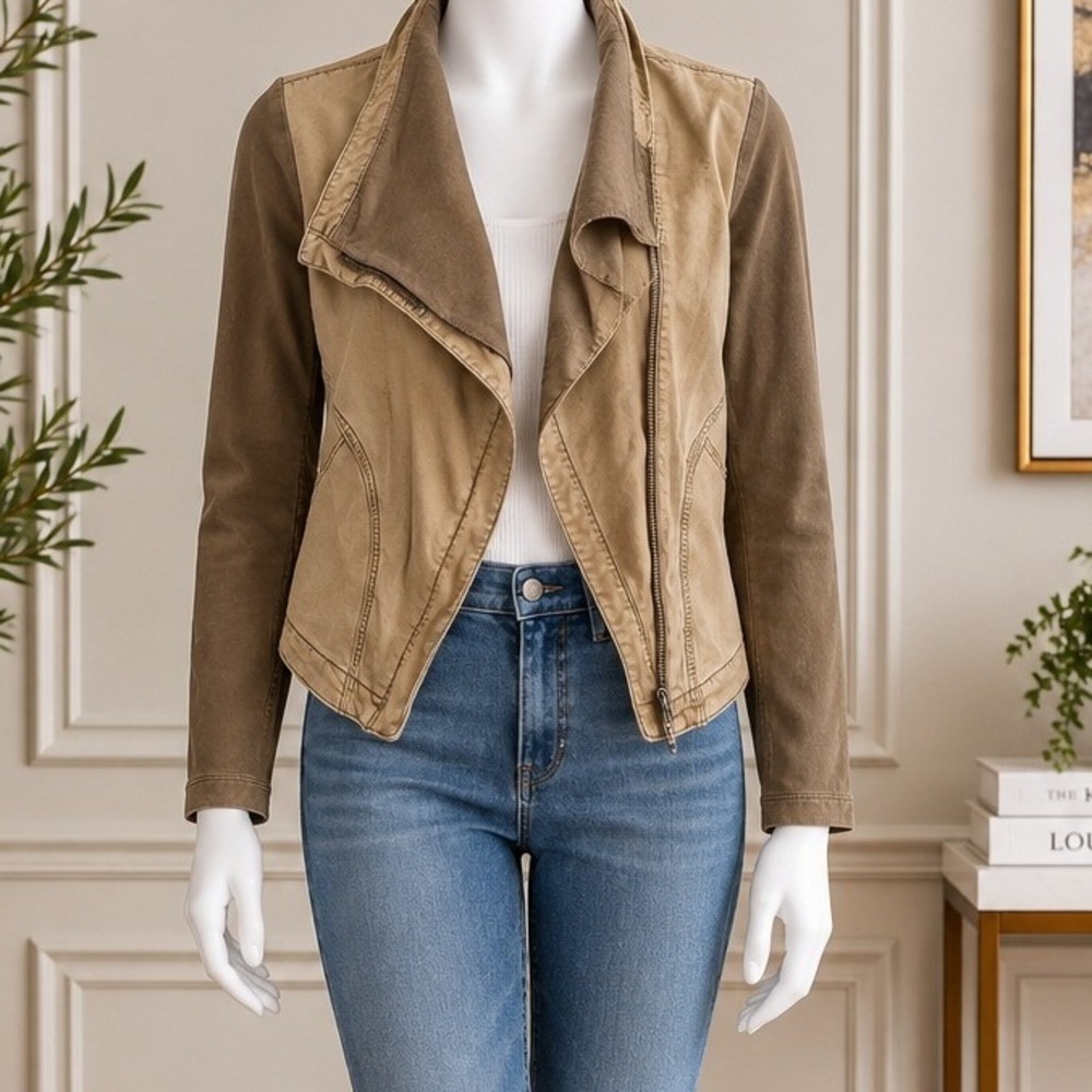 Marrakech Women Moto Jacket Tan Brown Mixed Media Asymmetrical Zip Size Medium